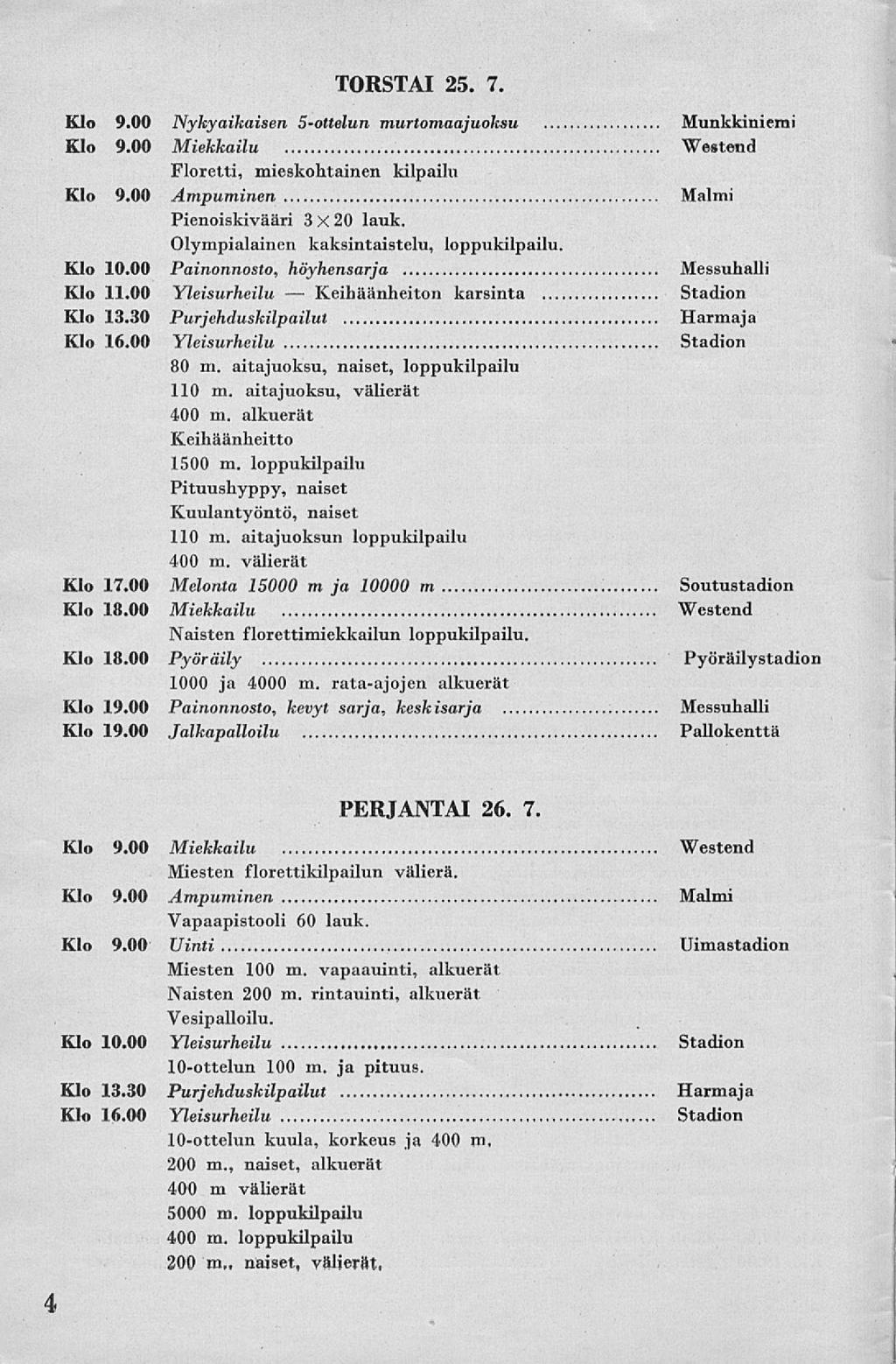 Keihäänheiton TORSTAI 25. 7. Klo 9.00 Nykyaikaisen 5-ottelun murlomaajuoksu Munkkiniemi Klo 9.00 Miekkailu Westend Floretti, mieskohtainen kilpailu Klo 9.00 Ampuminen Malmi Pienoiskivääri 3X 20 lauk.