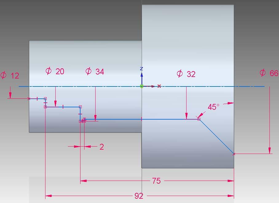 Sketchissä on melkein kaikki tarvittavat mitat, vain yksi puuttuu. Valitse Angle Between ( ) Dimension-ryhmästä ja luo kulmamitta kuten kuvasta (Kuva 19) näkyy.