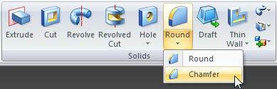 Viiste - Chamfer Mallista puuttuu vielä yksi viiste. Valitse Chamfer ( ) Solids-ryhmästä (Kuva 43).