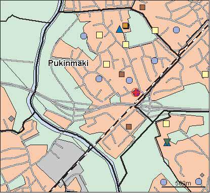 52 Pukinmäen peruspiiri Copyright Helsingin kaupunki, Kaupunkimittausosasto 41 /23 Genimap Oy, Lupa L6285/5 Asukastiheys h/km2 Asuntojen keskikoko m2 Asuntokuntien keskikoko Korkeakoulututkinto 15 1