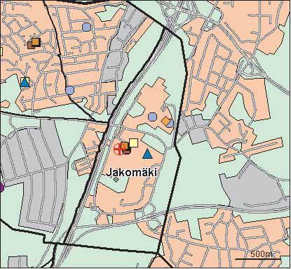 56 Jakomäen peruspiiri Copyright Helsingin kaupunki, Kaupunkimittausosasto 41 /23 Genimap Oy, Lupa L6285/5 Asukastiheys h/km2 Asuntojen keskikoko m2 Asuntokuntien keskikoko Korkeakoulututkinto 15 1