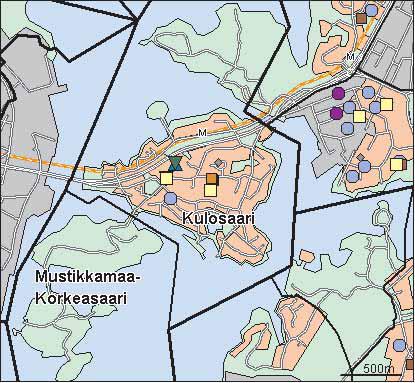 61 Kulosaaren peruspiiri Copyright Helsingin kaupunki, Kaupunkimittausosasto 41 /23 Genimap Oy, Lupa L6285/5 Asukastiheys h/km2 Asuntojen keskikoko m2 Asuntokuntien keskikoko Korkeakoulututkinto 15 1