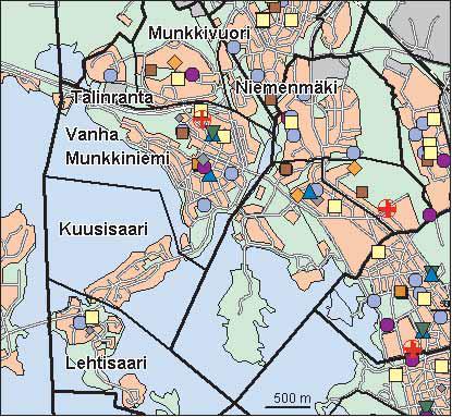 22 Munkkiniemen peruspiiri Copyright Helsingin kaupunki, Kaupunkimittausosasto 41 /23 Genimap Oy, Lupa L6285/5 Asukastiheys h/km2 Asuntojen keskikoko m2 Asuntokuntien keskikoko Korkeakoulututkinto 15