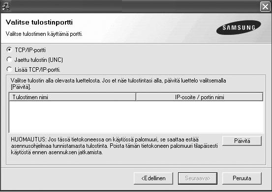 Voit määrittää verkkotulostimen myös SyncThru Web Service verkkopalvelimen kautta. Valitse Määritä IP-osoite-ikkunassa Käynnistä SWS. Muussa tapauksessa napsauta Valmis.