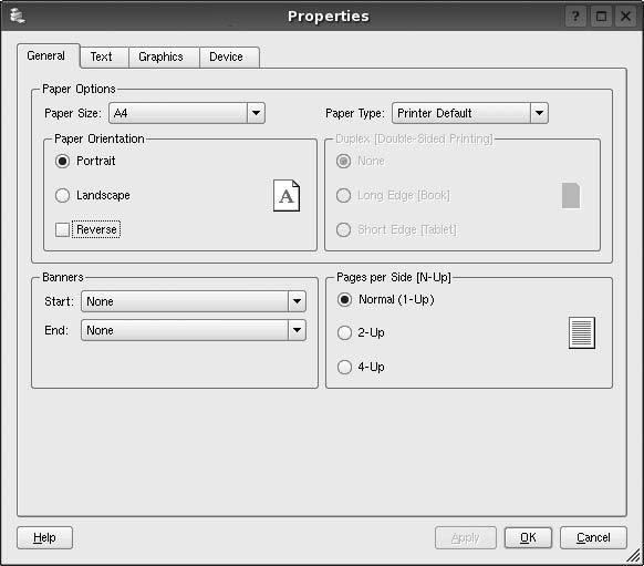3 Valitse LPR GUI -ikkunasta laitteen mallinimi Printer (Tulostin) -luettelosta ja valitse sitten Properties. Napsauta.