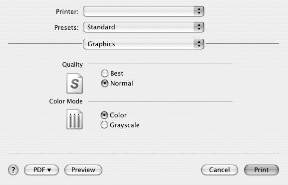 Graphics Graphics - välilehdessä on vaihtoehtoja, joiden avulla voidaan valita Resolution(Quality) ja Color Mode.