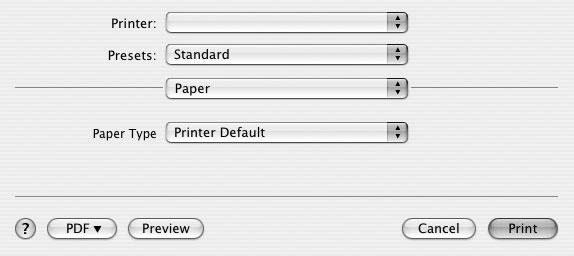 Valitse Printer Features -vaihtoehto avattavasta Presets - luettelosta, jotta pääset käyttämään seuraavia toimintoja. Mac OS 10.4 Mac OS 10.4 Paper Resolution(Quality): Voit valita tulostustarkkuuden.