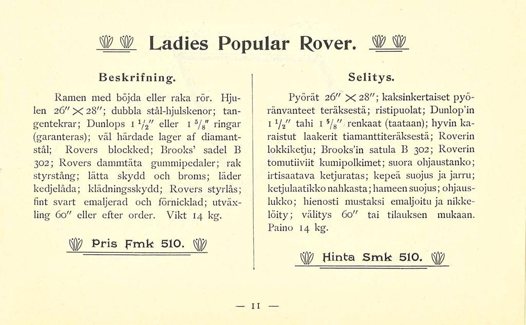 Ladies Popular Rover. Beskrif ning. Ramen med böjda eller raka rör.