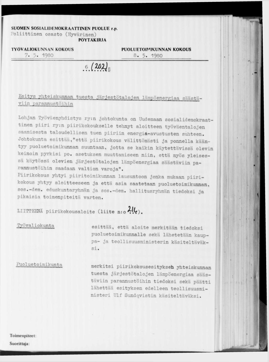 SUOMEN SOSIALIDEMOKRAATTINEN PUOLUE r.p. 'oliittinen osasto (Hyvärinen) 7. 5. 1980 8. 5. 1980.Lsitys yhteiskunnan tuesta järjestötalojen l:i.