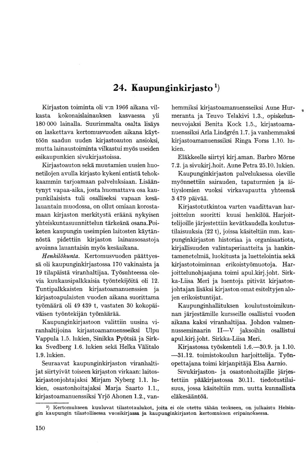 24 Kaupunginkirjasto! ) Kirjaston toiminta oli v:n 1966 aikana vilkasta kokonaislainauksen kasvaessa yli 180 000 lainalla.