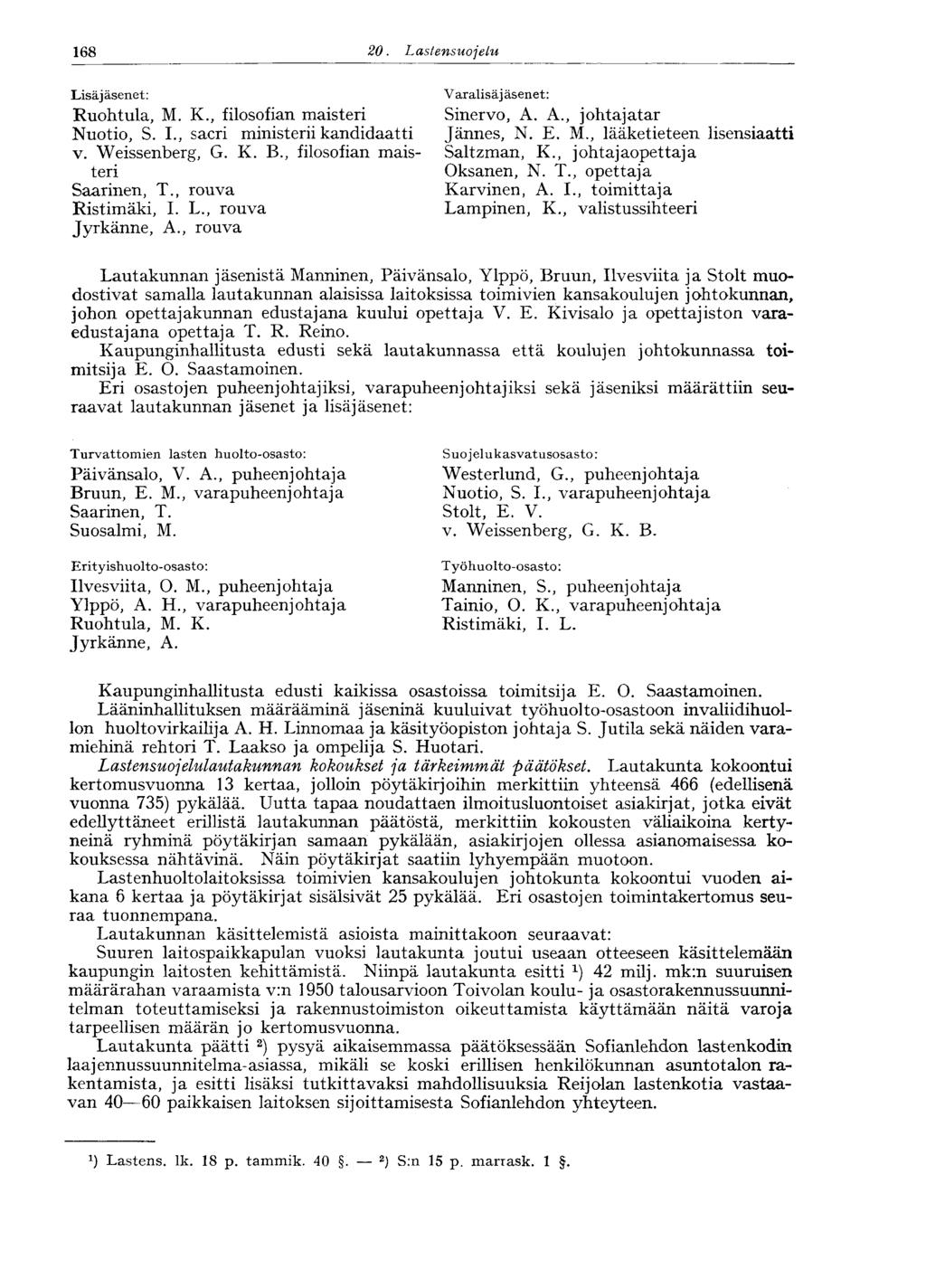 68 20. Lastensuojelu Lisäjäsenet: Ruohtula, M. K., filosofian maisteri Nuotio, S. I., sacri ministerii kandidaatti v. Weissenberg, G. K. B., filosofian maisteri Saarinen, T., rouva Ristimäki, I. L., rouva Jyrkänne, A.