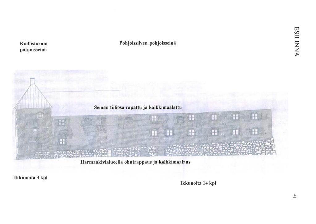 Koillistornin pohjoisseinä Pohjoissiiven pohjoisseinä tt:1 C/) >-< r' > Seinän tiiliosa rapattu ja