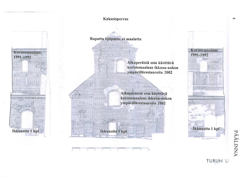 Kaksoisporras 00 Rapattu tiilipihta,-ei maalattu Alkuperäisiä osia käsittävä koristemaalaus ikkuna-aukon - mplh;illärestauroitu 2002 =. - fcl"""' -.