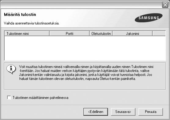 Voit myös muuttaa tulostimen nimeä, määrittää tulostimen jaettavaksi verkossa, määrittää tulostimen oletustulostimeksi ja muuttaa kunkin tulostimen portin nimeä. Napsauta Seuraava.