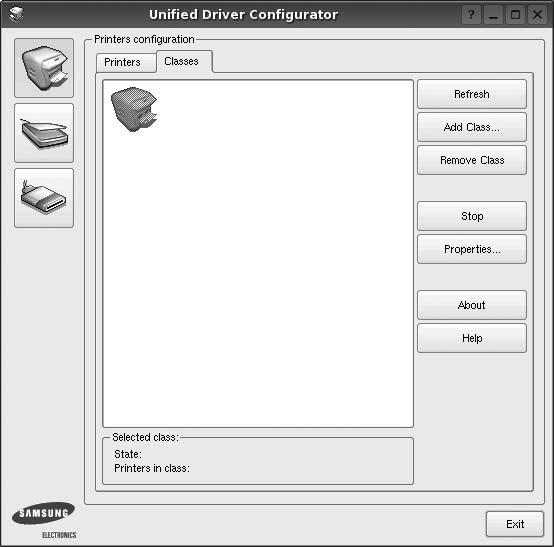 Classes (Luokat) -välilehti Classes (Luokat) -välilehdellä on luettelo käytettävissä olevista tulostinluokista. Näyttää kaikki tulostinluokat.