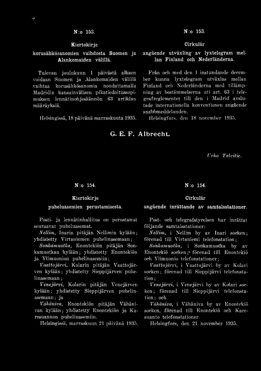 määräyksiä. Helsingissä, 18 päivänä marraskuuta 1935. N:o 153. angående utväxling av lyxtelegram mellan Finland och Nederländerna.