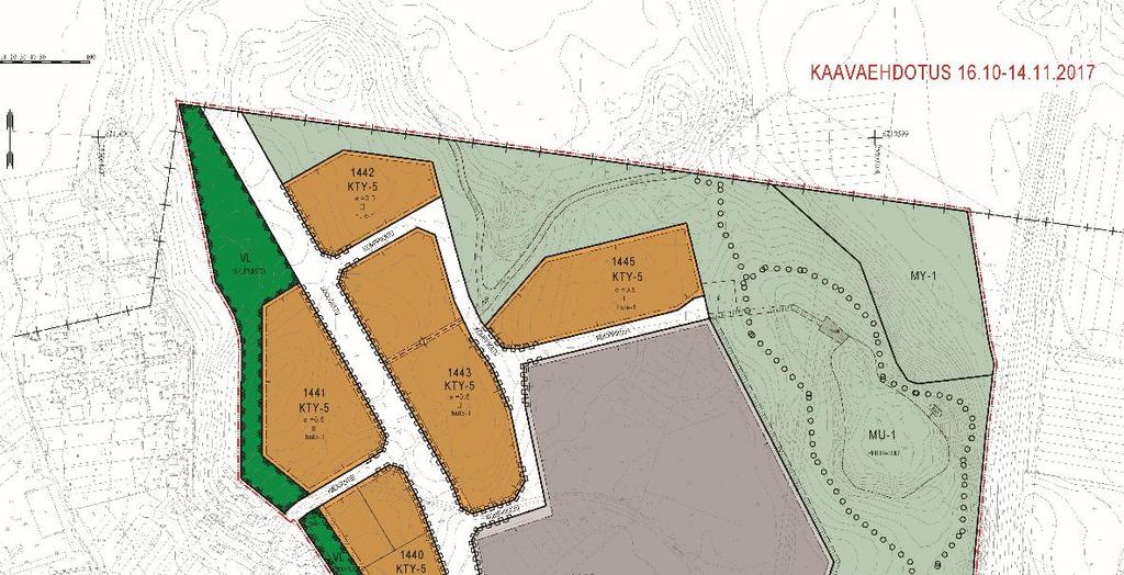 Kaavaehdotus Alue 54,45 ha KTY-5 (oranssi) toimisto, ympäristöhäiriötön teollisuus, varasto Kerrosluku max II, e=0,5 Ohjeellinen tonttijako korttelissa