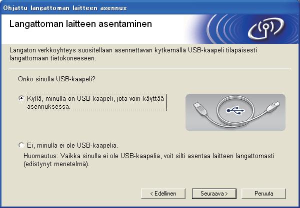 Lngttomn verkon käyttäjille Asennus käyttämällä Asennus-CD-ROM-levyä j käyttämällä USBkpeli tilpäisesti (inostn Windows ) 11 Määritä lngttomt setukset Sinun on käytettävä sennuksen ikn tilpäisesti