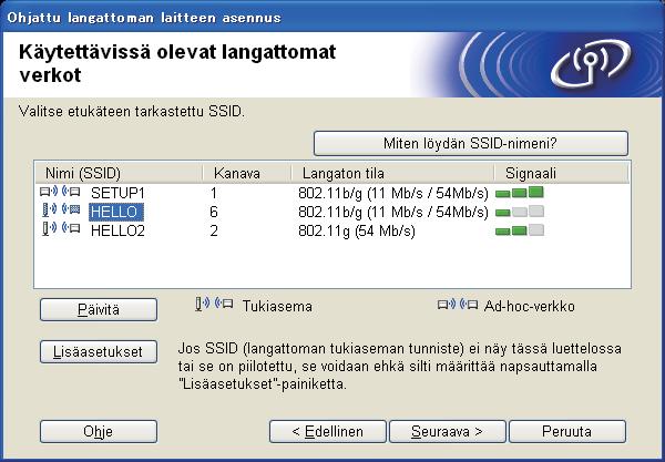 Vlitse SSID, jonk kirjoitit muistiin verkkosi vrten viheess 10- sivull 18 j vlitse sitten Seurv.