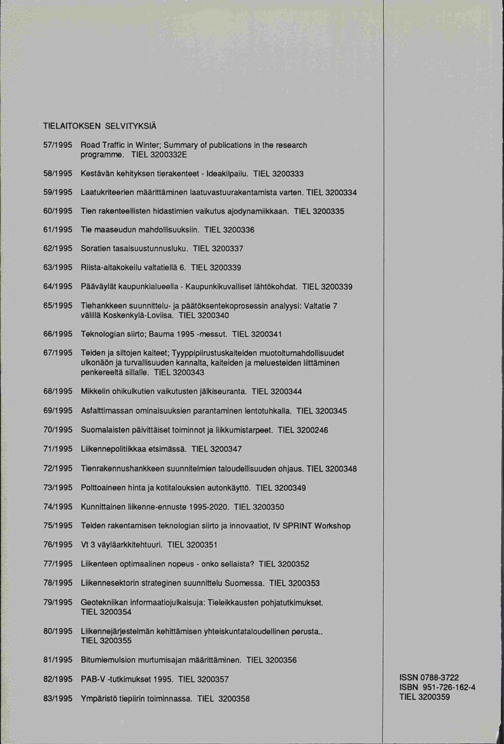 TIELAITOKSEN SELVITYKSIÄ 57/1995 Road Traffic in Winter; Summary of publications in the research programme. TIEL 3200332E 58/1995 Kestävän kehityksen tiorakenteet - Ideakilpailu.