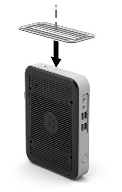 b. Aseta jalusta thin client -tietokoneen pohjan päälle ja kohdista jalustan uloke ja ruuvinreikä thin client -tietokoneen reikien kanssa. c. Aseta toimitetut ruuvit paikalleen ja kiristä. 6.