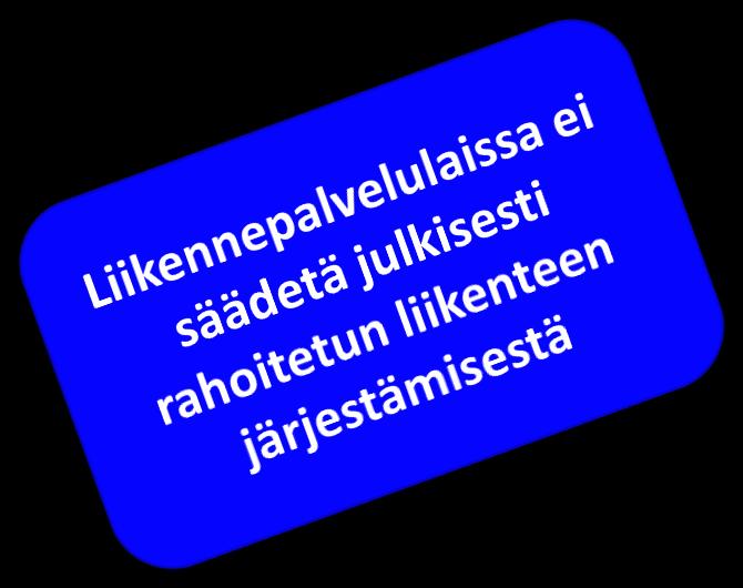 Liikenteen järjestäminen Julkisesti rahoitettuun liikenteeseen sovelletaan hankintalainsäädäntöä ja/tai Koulukuljetukset Perusopetuslaki VPL-kyydit, Kela-kyydit Vammaispalvelulaki,