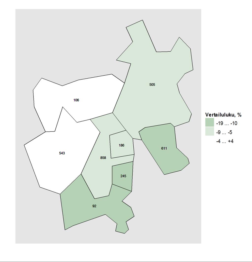 Kartta 1. Vammojen ja myrkytysten aiheuttamat hoitojaksot alueen kunnissa vuosina 2010 2014, vertailutiedot koko maan tilanteeseen. Kartta: Maanmittauslaitoksen Yleiskartta 1:4 500 000, 2011.