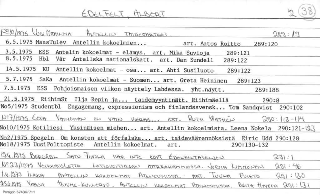 'NpTt.uu elämys, osa... Suomen... ~T\jOw<\ 5/otkmunA twfc.uuii3 6.5.1975 MaasTulev Antellln kokoelmien... art. Aatos Koitto 289:120 3.5.1975 ESS Antelln kokoelmat art. Mika Suvlo.ja 289:121 8.5.1975 Hbl Vår Antellska nationalskatt.