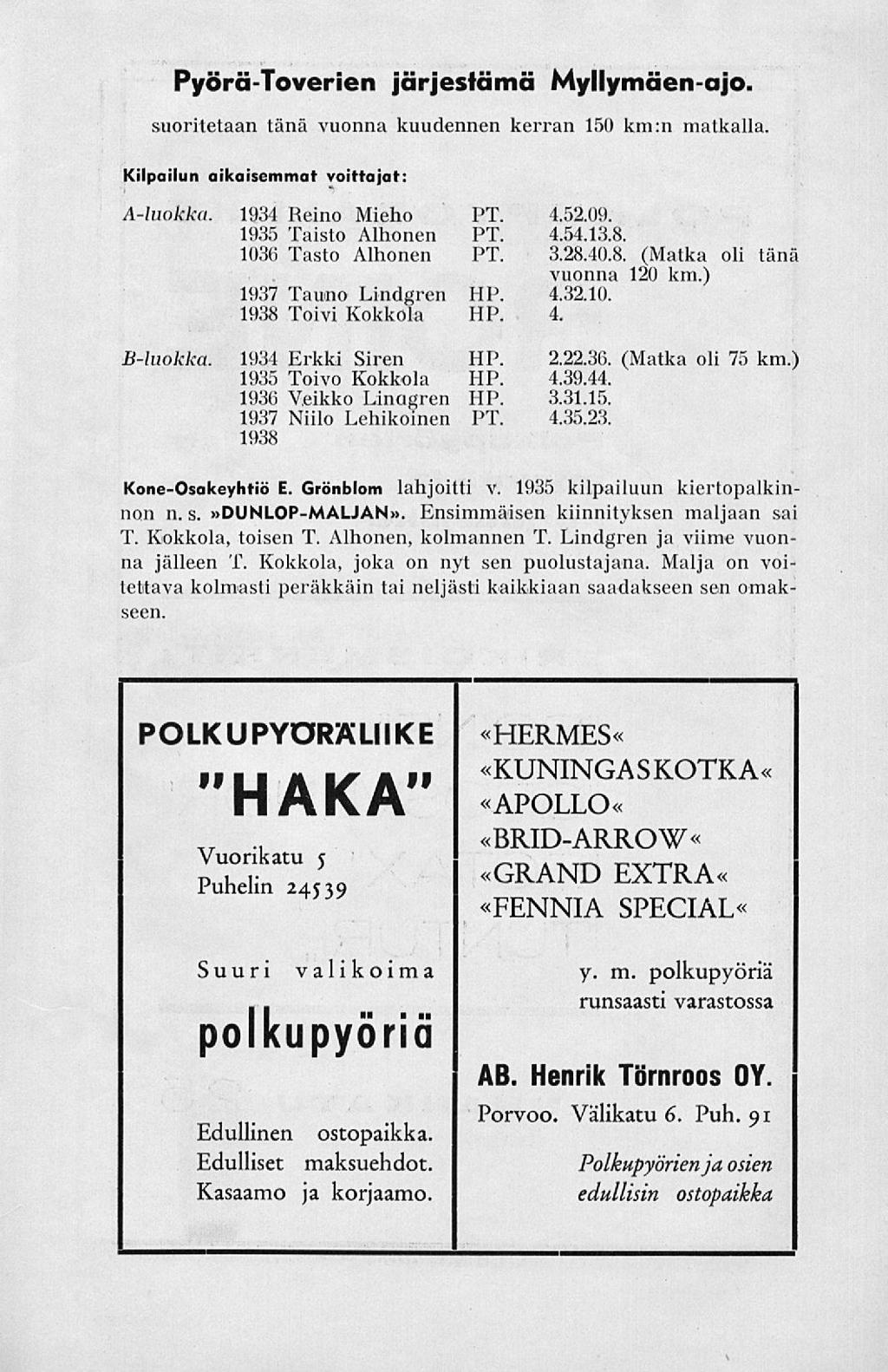 Pyörä-Toverien suoritetaan tänä vuonna kuudennen kerran Kilpailun aikaisemmat voittajat: järjestämä Myllymäen-ajo. 150 km:n matkalla. A-luokka. 1934 Reino Mieho PT. 4.52.09. 1935 Taisto Alhonen PT. 4.54.