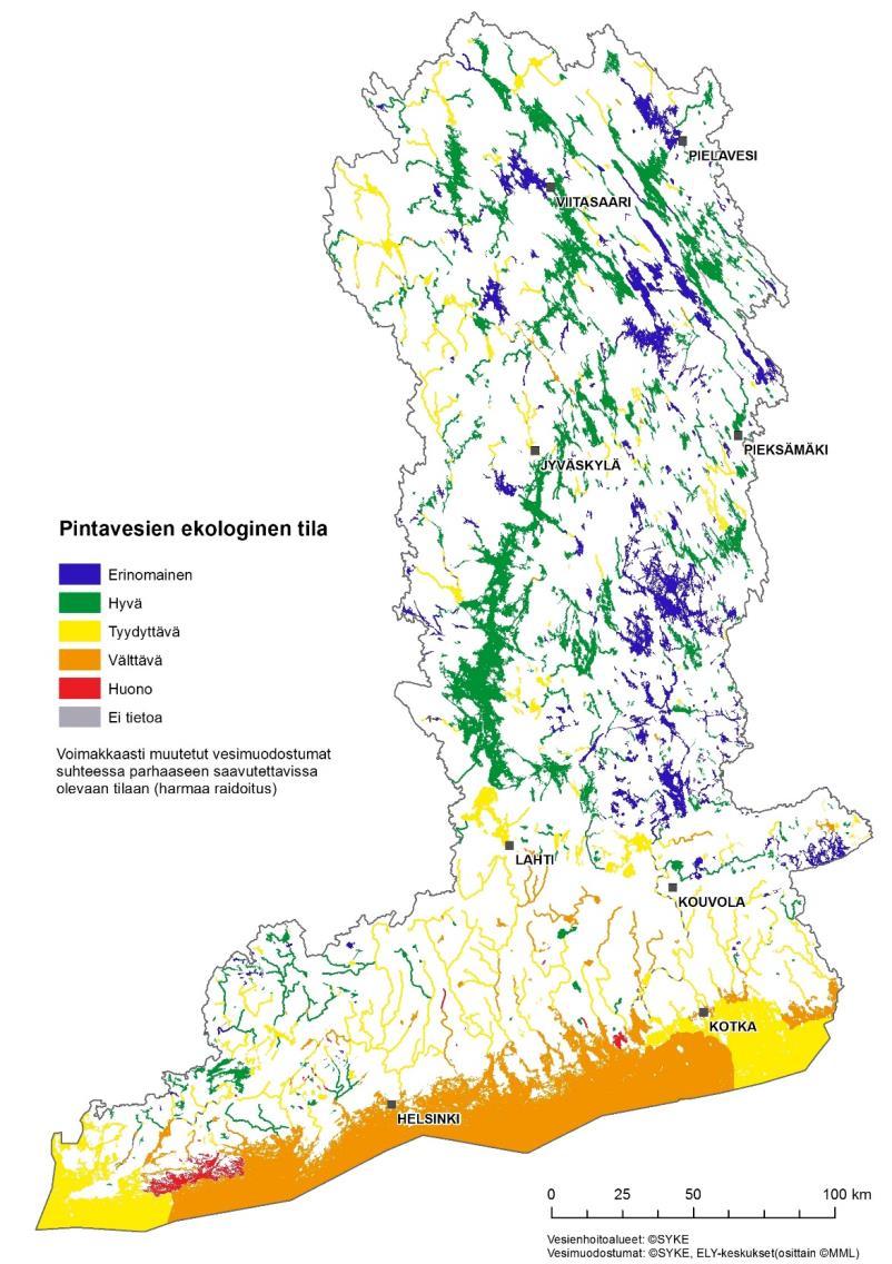 Mihin sijoittuvat ongelmallisimmat vedet Viimeisin arvio pintavesien ekologisesta tilasta vesienhoitoalueella on tehty vuonna 2013 (kuva 7).