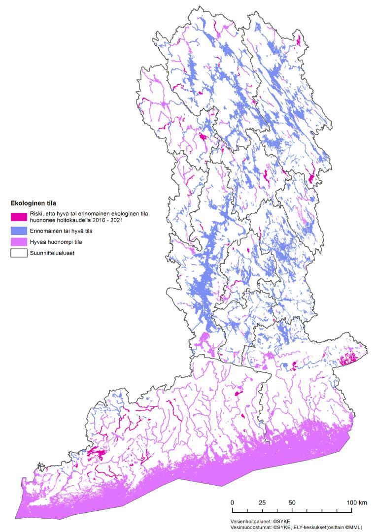 Ekologisen tilan luokittelun lisäksi on määritelty vesimuodostumat, joiden hyvä tai erinomainen tila on riskissä heiketä (Kuva x.).