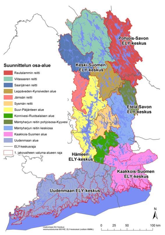 Kymijoen-Suomenlahden vesienhoitoalue Käytännön vesienhoitotyö tehdään vesienhoitoalueilla. Kymijoen-Suomenlahden on jaettu 12 suunnittelun osa-alueeseen kuuden ELY-keskuksen toimialueelle.