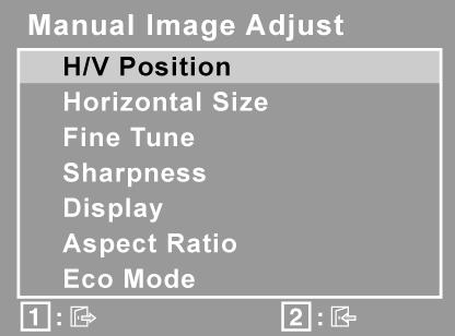 Säädin Kuvaus Manual Image Adjust (Manuaalinen kuvan säätö) näyttää manuaalisen kuvansäädön valikon. H./V.