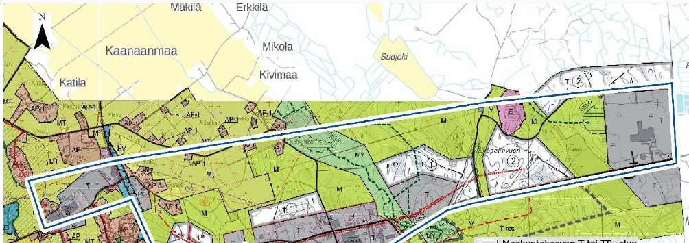 Maakuntakaavassa osoitettu valtatien 12 pohjoispuolinen alue on yleiskaavassa osoitettu pääasiassa joko teollisuusalueeksi tai maa- ja