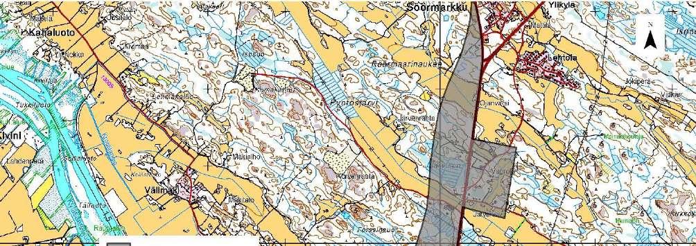 Porin keskustan pohjoispuolella sijaitsee valtatietä 8 myötäilevä kapea T-merkinnällä osoitettu alue.