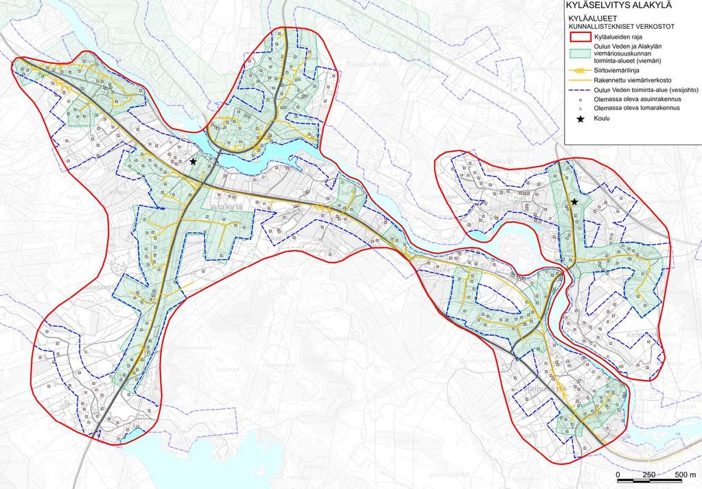 Nykyinen vesi- ja viemäriverkosto ja sen kapasiteetti Alakylän ja Tirinkylän kyläalueiden puhtaan veden saannista vastaa Oulun Vesi liikelaitos.