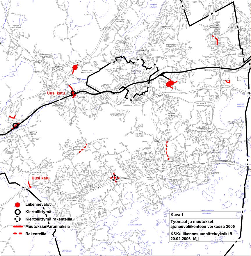 2.3 Muutokset ajoneuvoliikenteen verkossa 2005 Erilaiset työmaat ja muutokset liikenneverkolla saattavat aiheuttaa suuria rakennusaikaisia ja pysyviäkin muutoksia liikennemääriin.