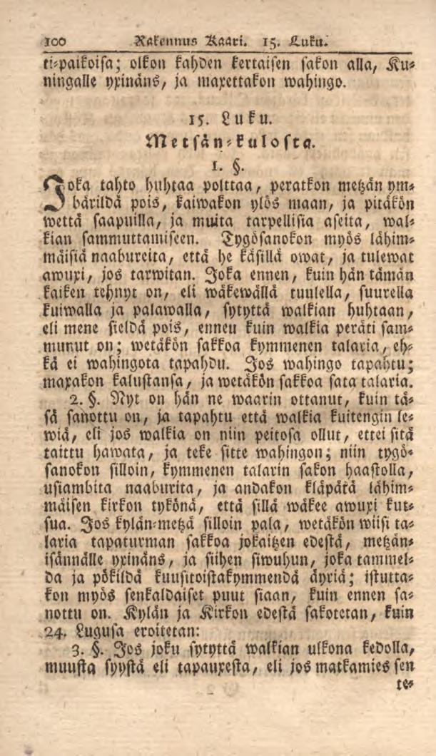 100 Rakennus Raari. 15. Luku. ti-paikoisa; olkon kahden kertaisen sakon alla/ Kuningalle yxinans, ja marettakon wahingo. 15. Luku. Metsän-kulosta. 1.. t^oka tahto huhtaa polttaa, peratkon metzanym» «^?