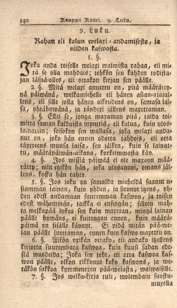 140 Rauppa Kaari. y. H.uku. 9. Luku. Rahan eli kalun welax!- andamisesta, ja niiden taftvosta.