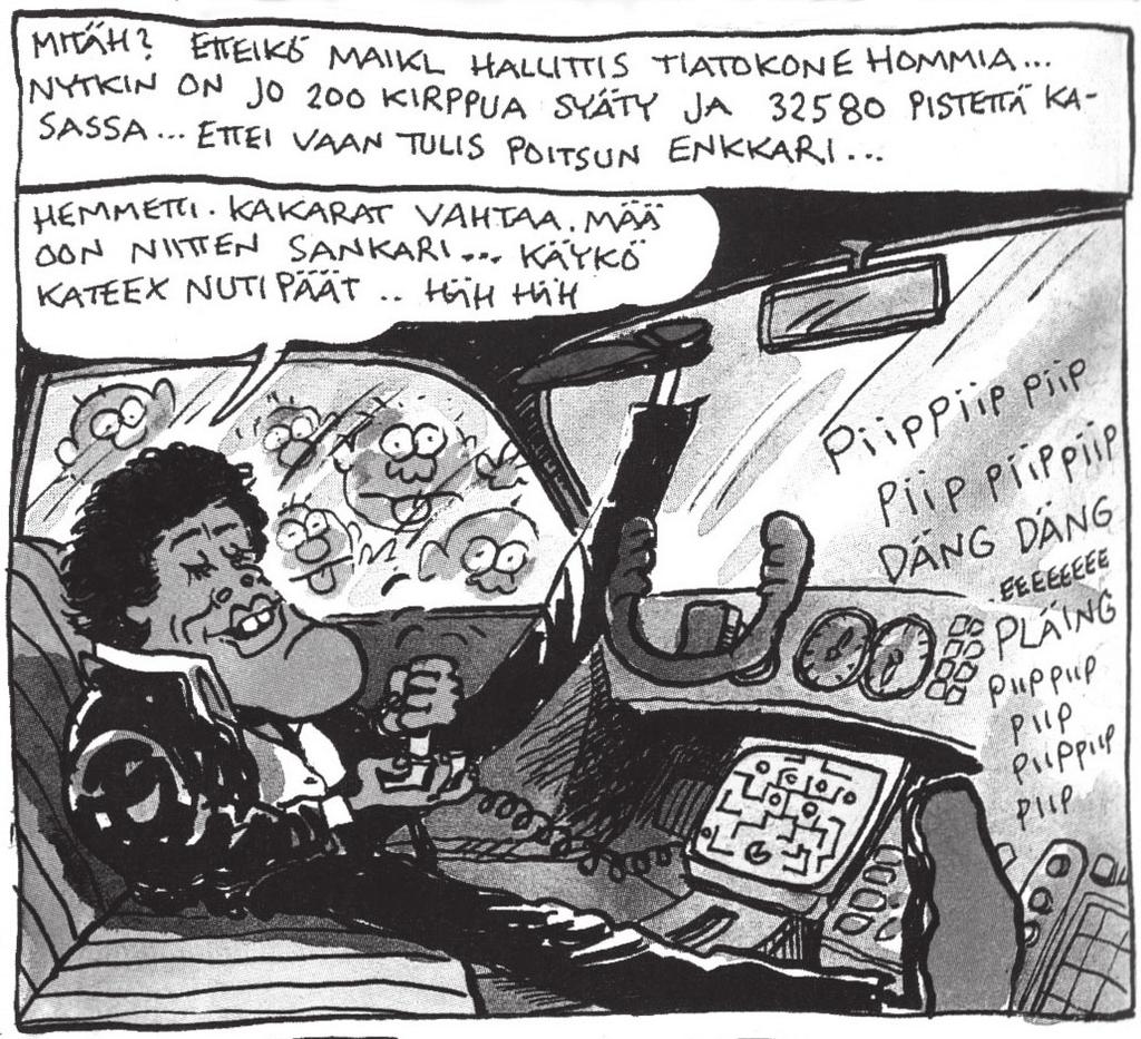 Ritari Ässä pelaamassa tiatokoneella. Televisiosarja ja sen tietokonepeliversio puhuttivat tietokoneharrastajia 1980-luvulla. Kuva: Mauri Kunnas, Nyroc City, Suosikki 3/1985.