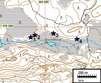 23 Sammallalampi Alueella havaittiin viisi kämpän jäännöstä sekä kaksi hiilimiilua. Sammallammen kohteet merkitty karttaan sinisillä tähdillä. 1 = Sammallampi 1 kämpän perusta.