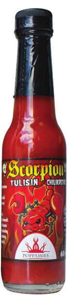 Scorpion on Poppamiehen tulisin kastike. Trinidad Scorpionista valmistettu kastike on rankempien chilipäiden toiveiden täyttymys. Ahjossa on jolokian ja habaneron lisäksi mukana on mm.