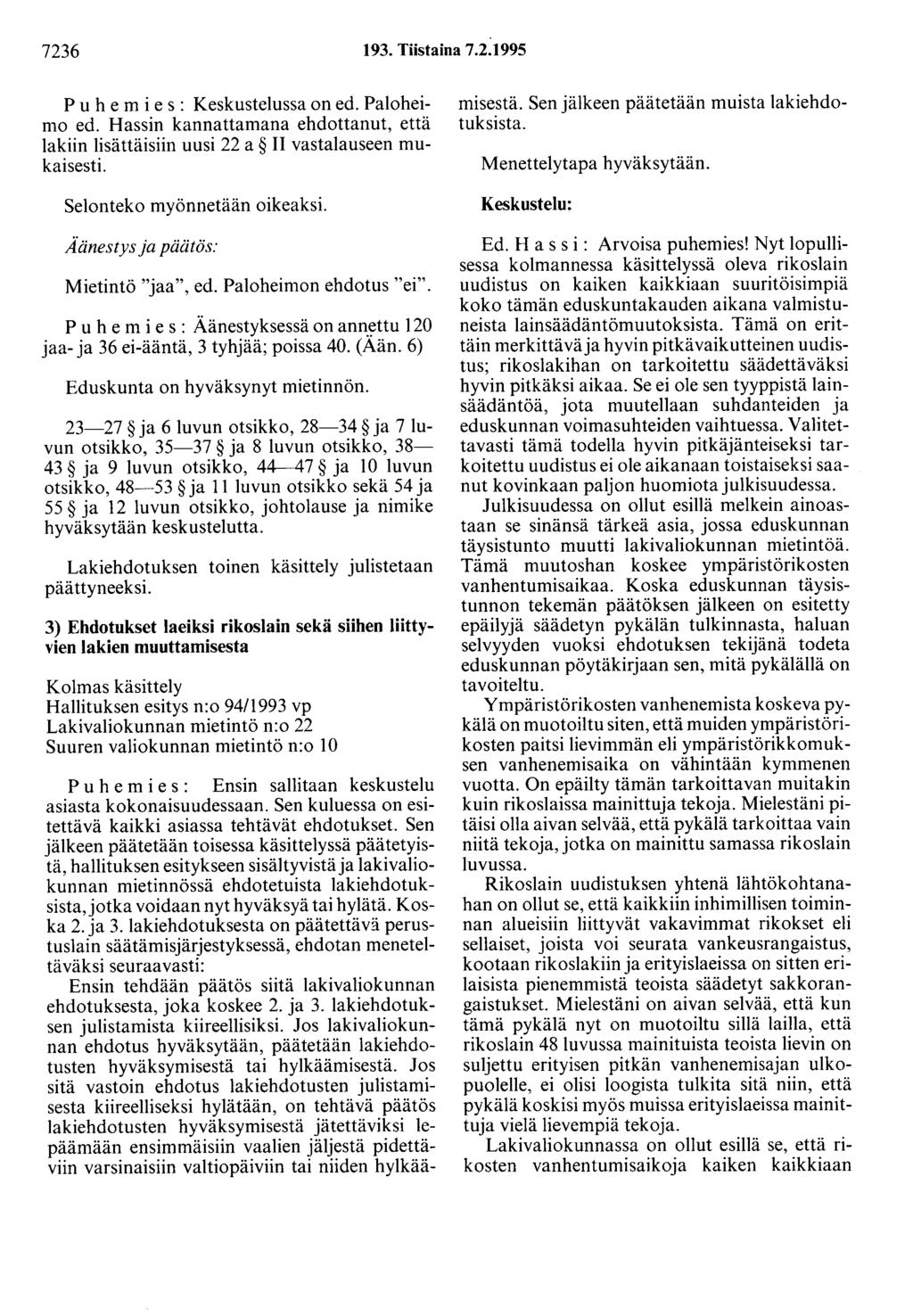 7236 193. Tiistaina 7.2.1995 P u h e m i e s : Keskustelussa on ed. Paloheimo ed. Hassin kannattamana ehdottanut, että lakiin lisättäisiin uusi 22 a II vastalauseen mukaisesti.