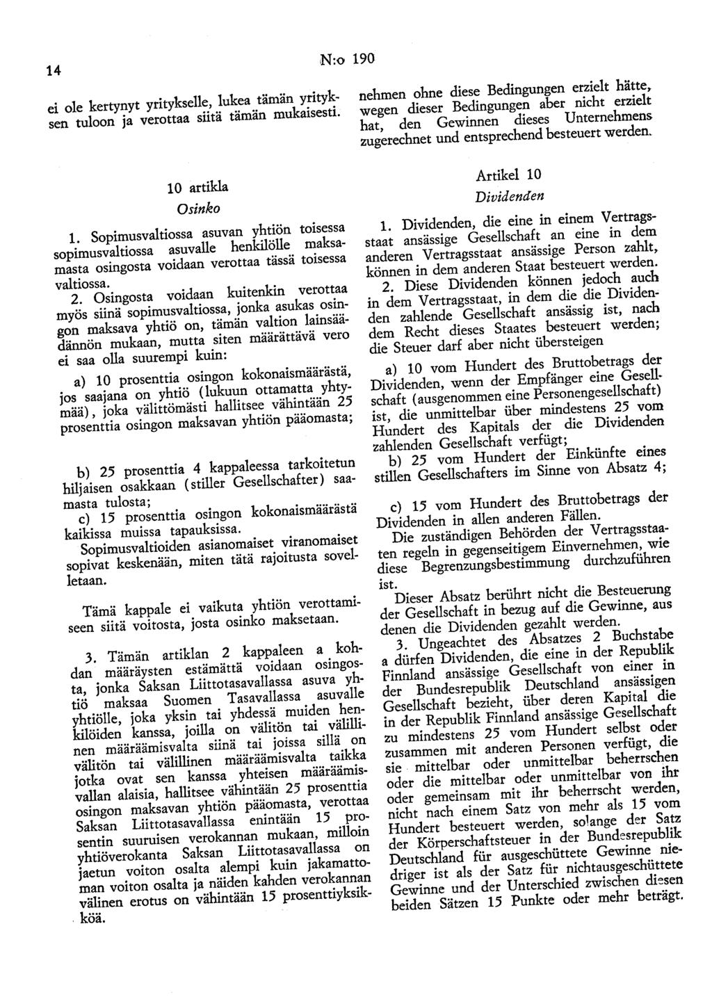 14 N:o 190 ei ole kertynyt yritykselle, lukea tämän yrityksen tuloon ja verottaa siitä tämän mukaisesti. 10 artikla Osinko 1.