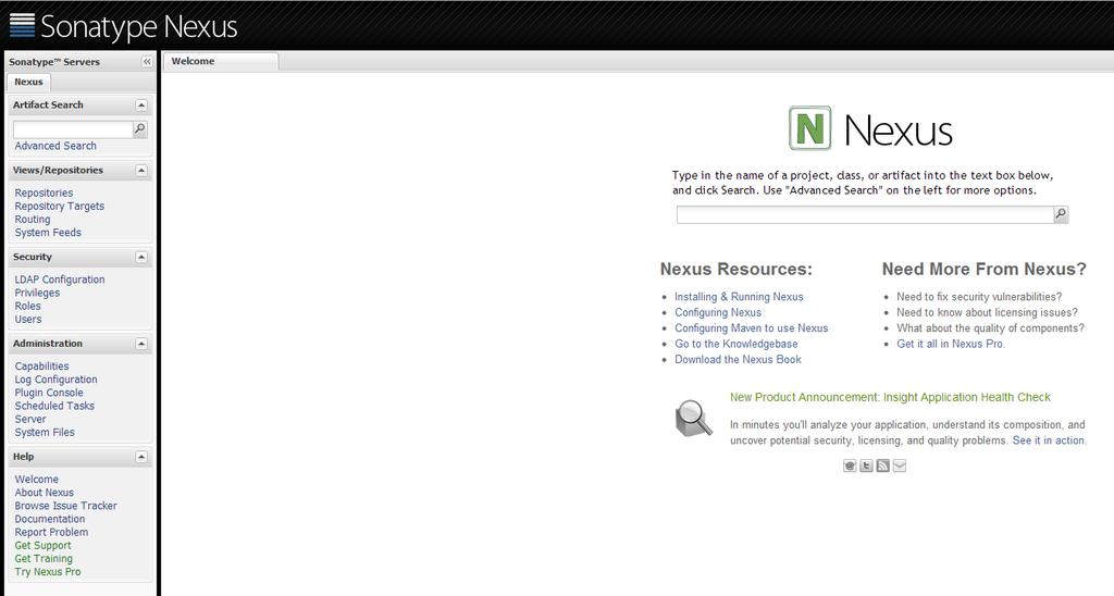 Kuvio 4 Sonatype Nexus hallintapaneeli Oletustunnuksilla kirjautumisen jälkeen avautui kuviossa 4 näkyvä hallintapaneeli. Nexus-palvelin mahdollistaa mm.