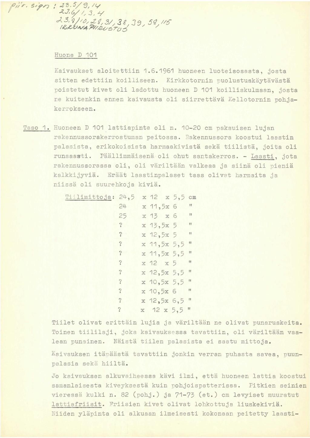 Huone D 101 Kaivaukset aloitettiin 1. 6. 1961 huoneen luoteisosasta, josta sitten edettiin koilliseen.