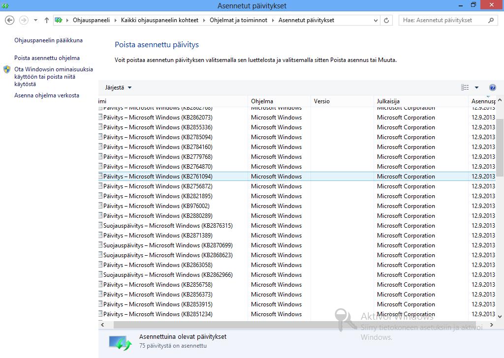 Windows 8 koneella näkyy päivityshistoriassa, että