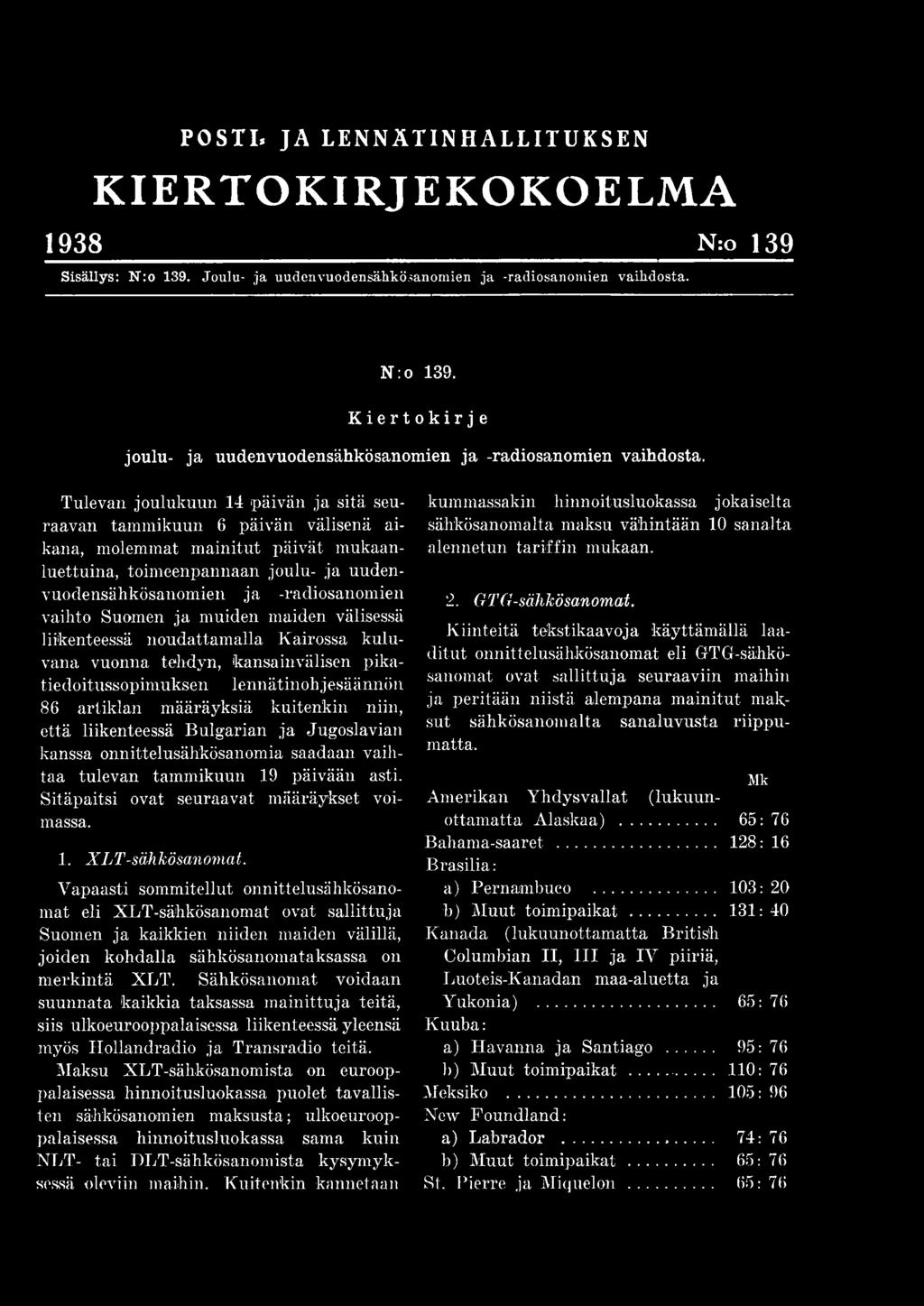 Tulevan joulukuun 14 päivän ja sitä seuraavan tammikuun 6 päivän välisenä aikana, molemmat mainitut päivät mukaanluettuina, toimeenpannaan joulu- ja uudenvuodensähkösanomien ja -radiosanomien vaihto