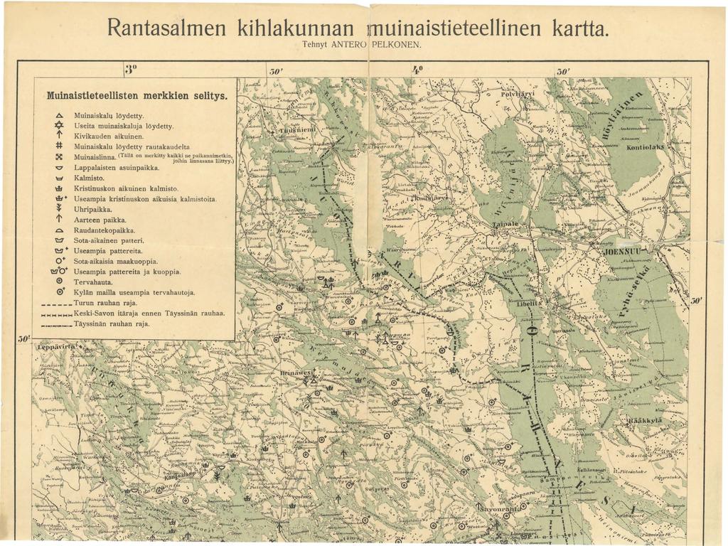 Rantasalmen kihlakunnan 1m ui naistieteelli nen kartta. Tehnyt ANTERO PELKONEN. Muinaistieteellisten merkkien selitys. A *1' # :: Muinaiskalq löydetty. Useita muinaiskaluja löydetty.