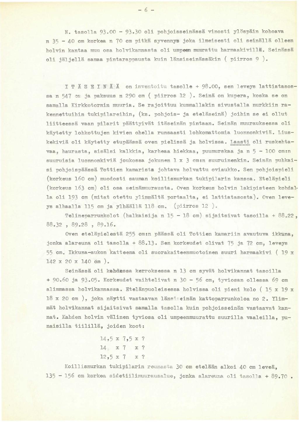 - 6 - N. tasolla 93.00-93.30 oli pohjoisseinä.ssä vinosti ylöspäin kohoava n 3'1-40 cm korkea n 70 cm pitkä syvennys joka.